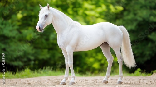 A white horse standing in a green bushes background.