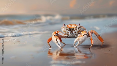 Vibrant crab scuttling across sandy beach at sunset, bright shell reflecting golden light, casting shadows, serene and beautiful.