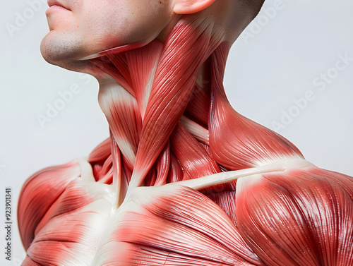 Close-up image of a person's muscular trapezius highlighted and defined, showing strength and definition.