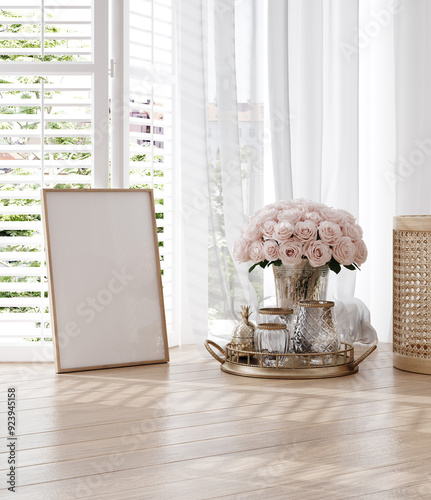 Mockup poster frame in white luxury bedroom interior, 3d render