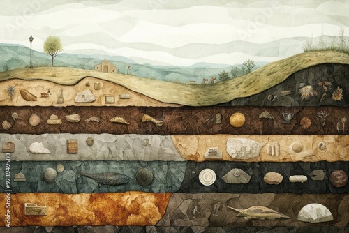 Different layers of earth at an archaeological site, with artifacts and fossils embedded in each layer, stratigraphy and how it helps date and understand ancient findings