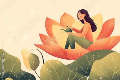 A joyful woman seated in the heart of a giant flower, gently watering it with a smile, essence of self-love and a healthy lifestyle