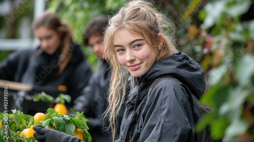 Gen z team collaborating in outdoor company-led community garden project