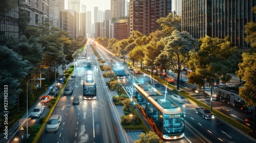 Futuristic City Transportation Network: A network of interconnected transport options, including autonomous buses, electric scooters, and smart traffic systems.