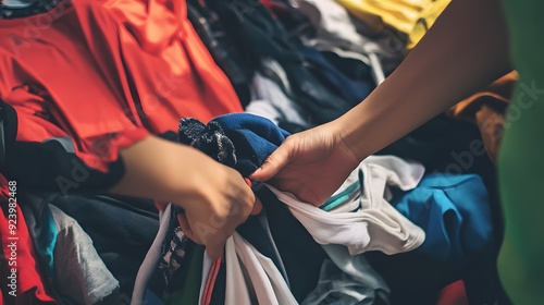 Hands sorting through colorful clothes for donation.