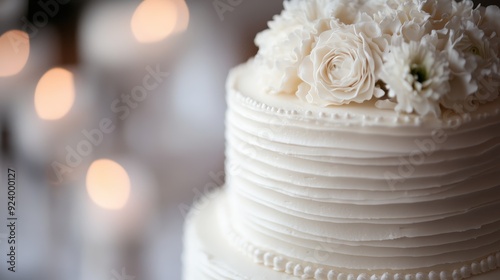 A beautifully designed two-tier white wedding cake featuring flowers and bead decorations, symbolizing love and care put into creating something special for a memorable event.