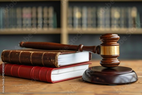 Beautiful law book and gavel on a wooden table in a courtroom, symbolizing justice and legal proceedings.