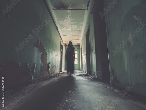 A spooky ghost floating through the halls of an eerie abandoned hospital at night.