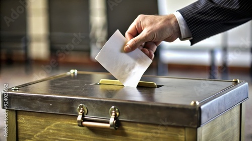 A man's hand holding a white ballot paper is shown as it drops into a wooden ballot box, symbolizing democracy, participation, civic duty, and the right to vote.