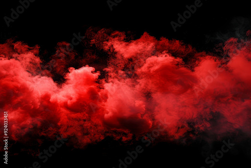 A dramatic burst of red smoke expands against a solid black background, creating a striking contrast. The swirling, cloud like formation captures the dynamic motion and intensity of the explosion.