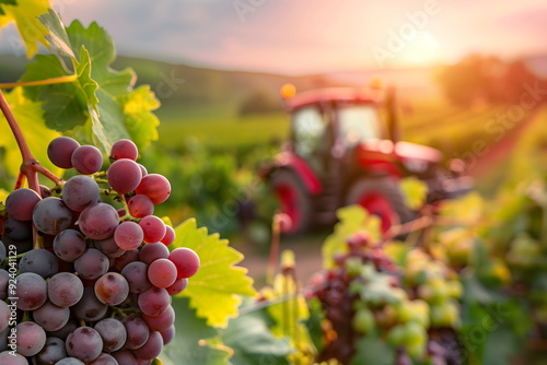 Ripe grapes on vine with red tractor in blurred background of vineyard at sunset, autumn harvest concept