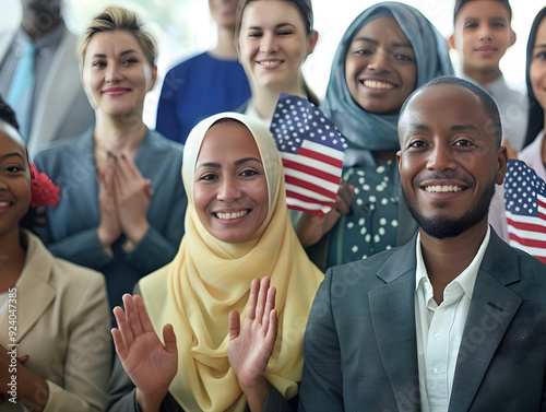 Diverse group of individuals celebrating becoming citizens at a naturalization ceremony in a government office.