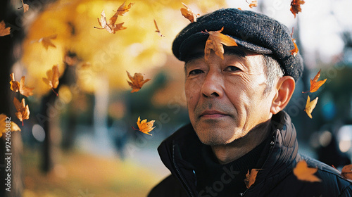 男, 男性, 年配, おじさん, 秋, 紅葉, 森, 公園, man, male, elderly, uncle, autumn, autumn leaves, forest, park