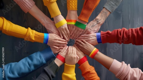 A group of diverse people holding hands in a circle, each wearing a unique rainbow wristband, symbolizing equality and unity across the LGBTQ+ spectrum