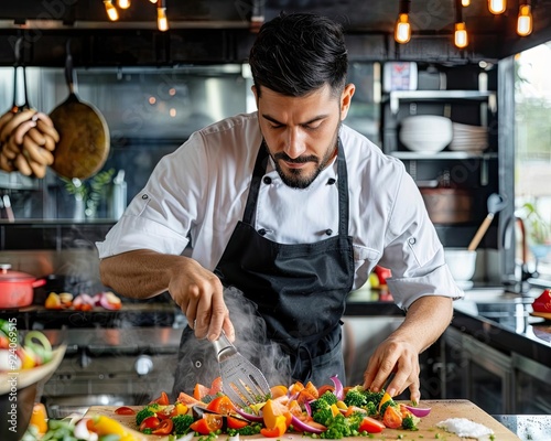 A chef crafting an impromptu meal with fresh market finds, the kitchen filled with aromas of spontaneous culinary exploration