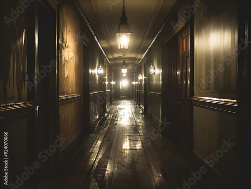 A spooky hotel setting with dim, flickering lights and the sound of creaking floorboards.