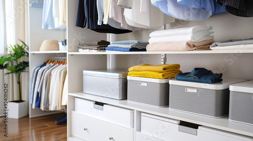  Professional organizer decluttering a stylish closet, with neatly folded clothes and storage boxes