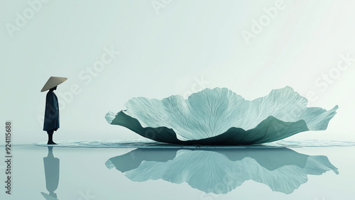 Caminando con ligereza sobre una hoja de loto, una persona con sombrero de paja se desplaza entre un paisaje de flores y agua. La imagen surrealista y minimalista evoca la calma