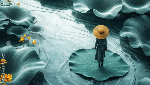 Caminando sobre una hoja de loto gigante, una figura con sombrero de paja se desliza entre flores y agua. La escena surrealista y minimalista captura la esencia tranquila