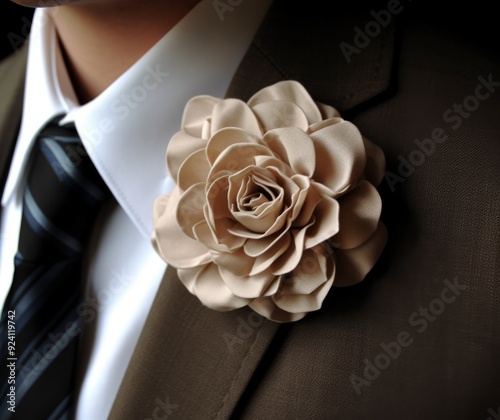 Elegant Beige Flower Boutonniere on a Suit for Formal Events and Weddings