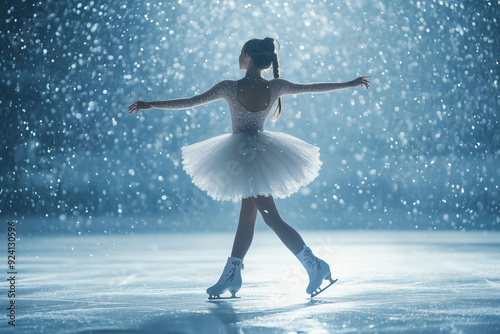 Graceful figure skater performing under ethereal spotlight on a frozen rink during winter nights