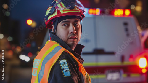 Um socorrista usando colete refletivo e capacete está alerta ao lado de uma ambulância, pronto para fornecer atendimento urgente.