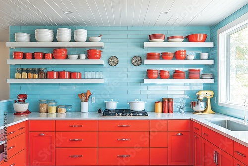 Bright and colorful kitchen showcasing bold red cabinets and cheerful decor