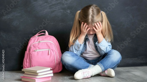 A young school girl sits on the floor, visibly upset with her head in her hands next to a pink backpack and scattered books, on a dark background that emphasizes her emotions