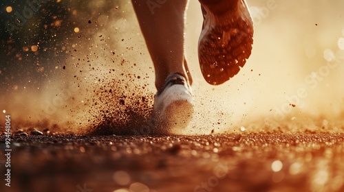 A runner's feet pound the track, dust rising as sweat glistens, showing their intense determination.