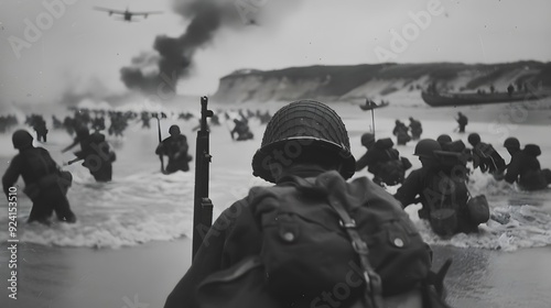 Digitally restored vintage World War II photo of American troops wading ashore on Omaha Beach during the D-Day invasion on June 6, 1944. 