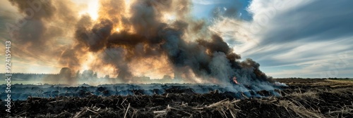 Dense clouds of smoke ascend into the atmosphere as organic material is incinerated in a countryside environment.