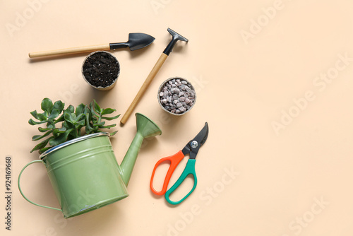 Succulent, gardening tools and pots with soil and stones on beige background. Top view