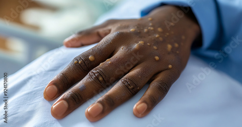 Close up of a black persons hand showing symptoms of monkeypox disease. Generative ai image