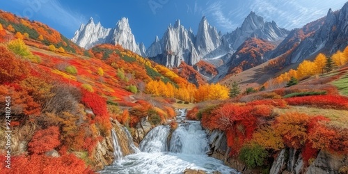 Breathtaking Autumn Landscape with Rocky Mountains, Colorful Foliage, and a Flowing Waterfall under a Clear Blue Sky