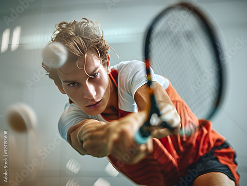 Focused player in action, hitting a forehand shot during a racquetball game on court.