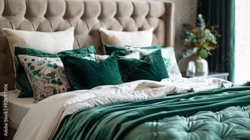 The plush emerald green velvet bedspread adds a pop of color to the otherwise neutral bedroom decor.