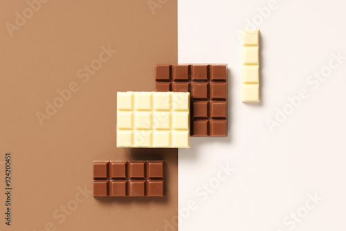 Composition with sweet chocolate on color background