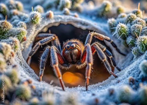 Macro shot of a trapdoor spider emerging from its burrow on a chilly September morning in Oklahoma, dew-kissed webs glistening on the frosty ground.