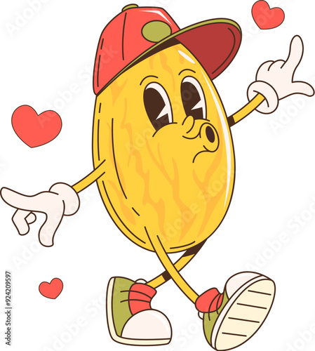 Retro cartoon groovy melon fruit character. Isolated cute vector hippie anthropomorphic food personage carefree walking with a cap, sneakers, and hearts, likely indicating affection or a loving mood