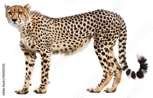 Standing cheetah with detailed fur pattern isolated on transparent background