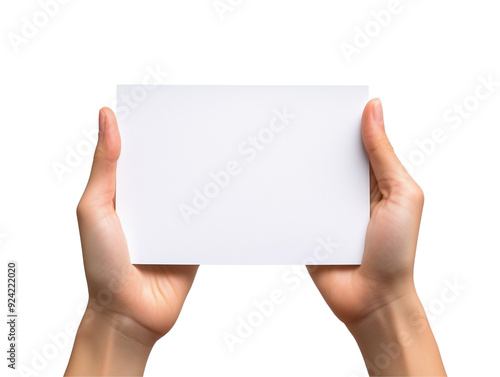 Close up of two hands holding a blank paper, showcasing its empty pages. Isolated on transparent background.