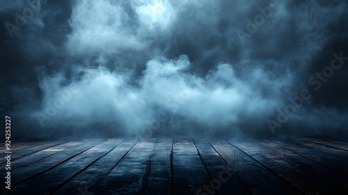 Heavy fog drifting over a black wooden table, with shadows moving within the mist, ideal for a spooky Halloween setting.