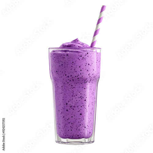 Purple ube milkshake beverage in glass with straw on transparent background.