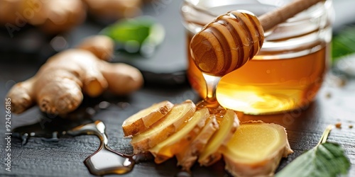 Closeup of honey and ginger on a black wooden table Natural remedies for colds