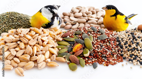 bird food products on a clean white background, including seed mixes, suet cakes, and nutritional supplements, perfect for online product listings