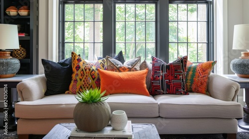 A bold and eclectic living room featuring a mix of patterned and textured velvet pillows in vibrant colors making a statement in the space.