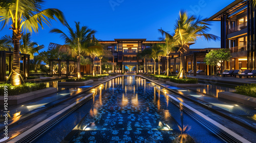 Ocean view luxury resort hotel night pool