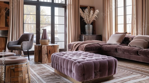 A soft mauve velvet ottoman paired with earthy wood accents creates a warm and elegant atmosphere in the living room.