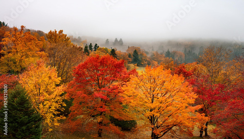 Fall autumn leaves changing in the trees on a foggy day landscape