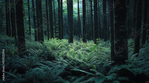 ferns and underbrush in a dimly lit woodland 